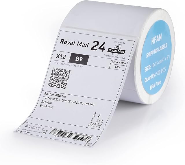 HFAN 4"x6" 100mmx150mm Direct Thermal Shipping Labels for Address Mailing Postage Royal Mail USPS UPS Amazon Ebay Shipping Labels (1x Roll 500Labels 4"x6")