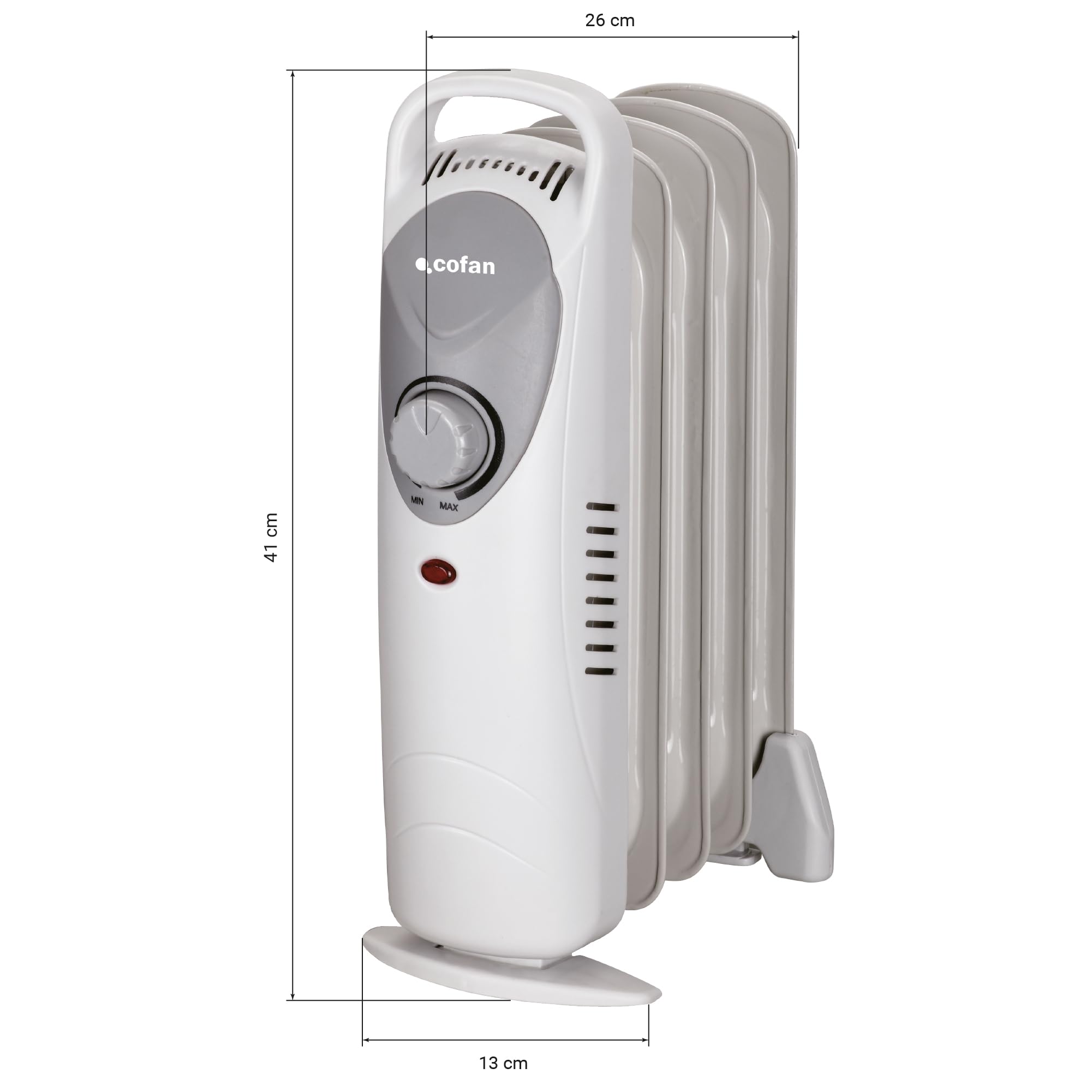 Cofan "MINI" radiador de aceite | Potencia: 450 W | Termostato regulable | Seguridad antiincendios | Color: blanco | Medidas 26 x 13 x 41 cm