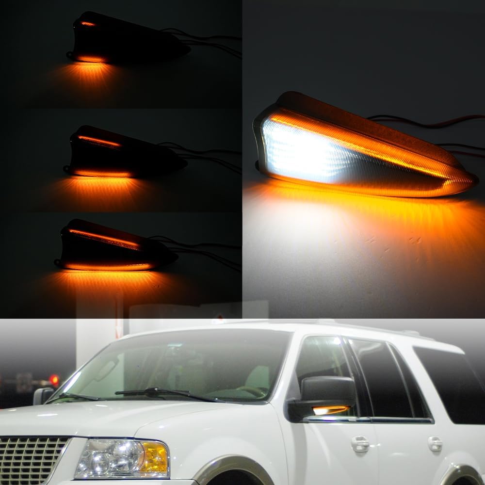 NSLUMO Sequential Led Side Mirror Turn Signal Lights for 2003-2006 F’ord Expedition Lincoln Navigator Smoked Lens Amber Mirror Turn Signal Indicator&White Puddle Light Assembly Kit