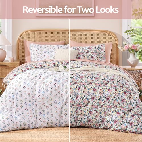 Image of Andency Queen 7 Piece Reversible Comforter Set, Floral Bedding Set,Pink | Botanical Floral Bed in a bag, Double-sided,90 inchx90 inch, All Season Use, Farmhouse Vintage Rustic Down Alternative for Bedroom