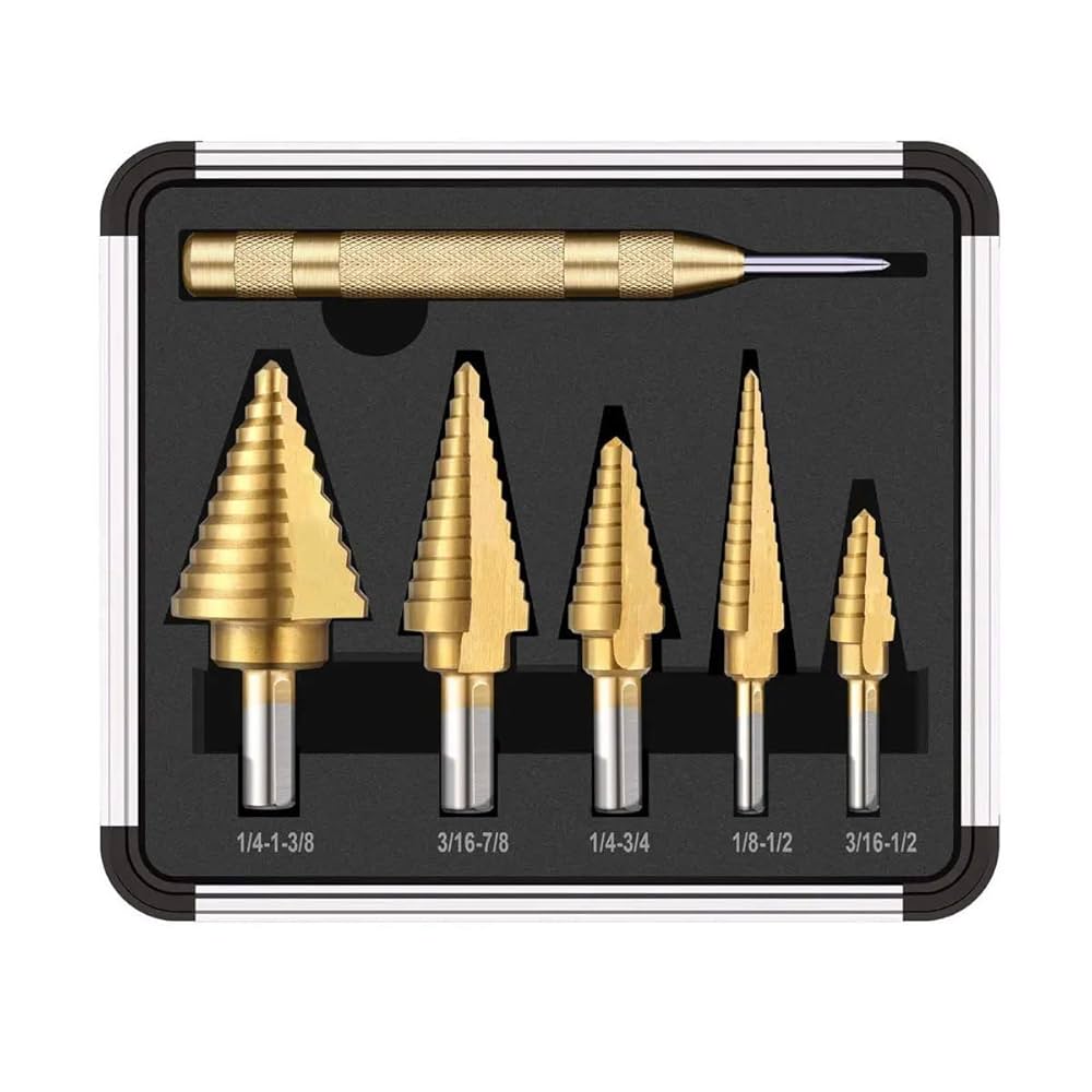 Bamyli 6 Pcs Step Drill Bits Set High Speed Steel Titanium Coated Cobalt Cone Step Drill Bit With Automatic Center Punch,Step Bits For Plastic Wood