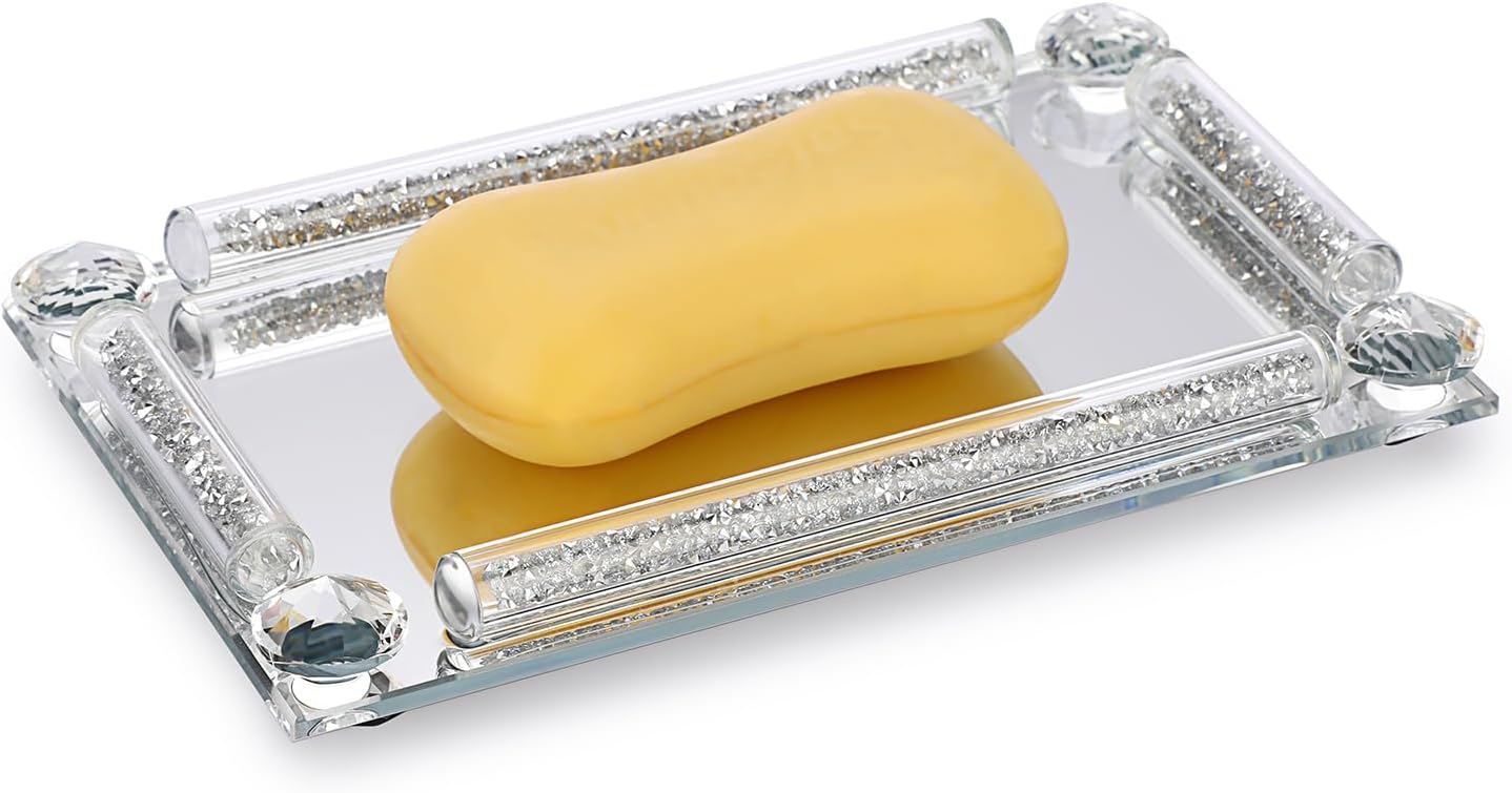 BTSKY Glass Mirrored Soap Dish Crushed Diamonds Frame - Sparky Silver Soap Tray Holder Organzier, Glass Decorative Display Tray Holder for Jewelry, Perfume and Trinkets, Silver