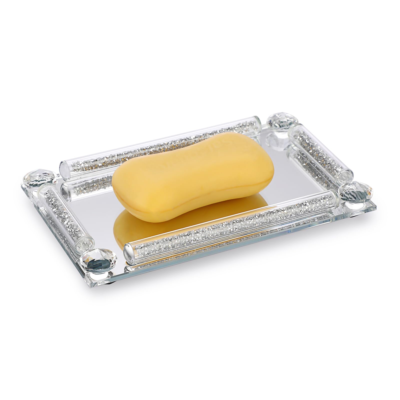 BTSKY Glass Mirrored Soap Dish Crushed Diamonds Frame - Sparky Silver Soap Tray Holder Organzier, Glass Decorative Display Tray Holder for Jewelry, Perfume and Trinkets, Silver