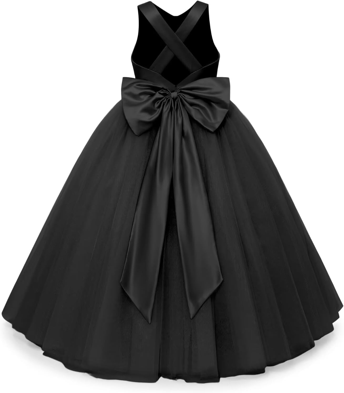 JISISANG Crossed Straps Flower Girl Dress Satin Long Prom Dress with Bow Puffy Tulle Pageant Dresses for Girls