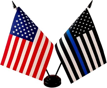 Thin Blue Line and America Twin Desk Flag, US Thin Blue Line Table Flags, 8 x 5 Inches American & Thin Blue Line Deluxe Desk Flag Set - Miniature USA & Thin Blue Line Stick Flag with Flag Stand