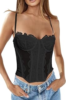 Dealmore Womens Lace Bustier Mesh Sexy Vintage Spaghetti Strap Open Back Boned Corset Going Out Party Crop Top