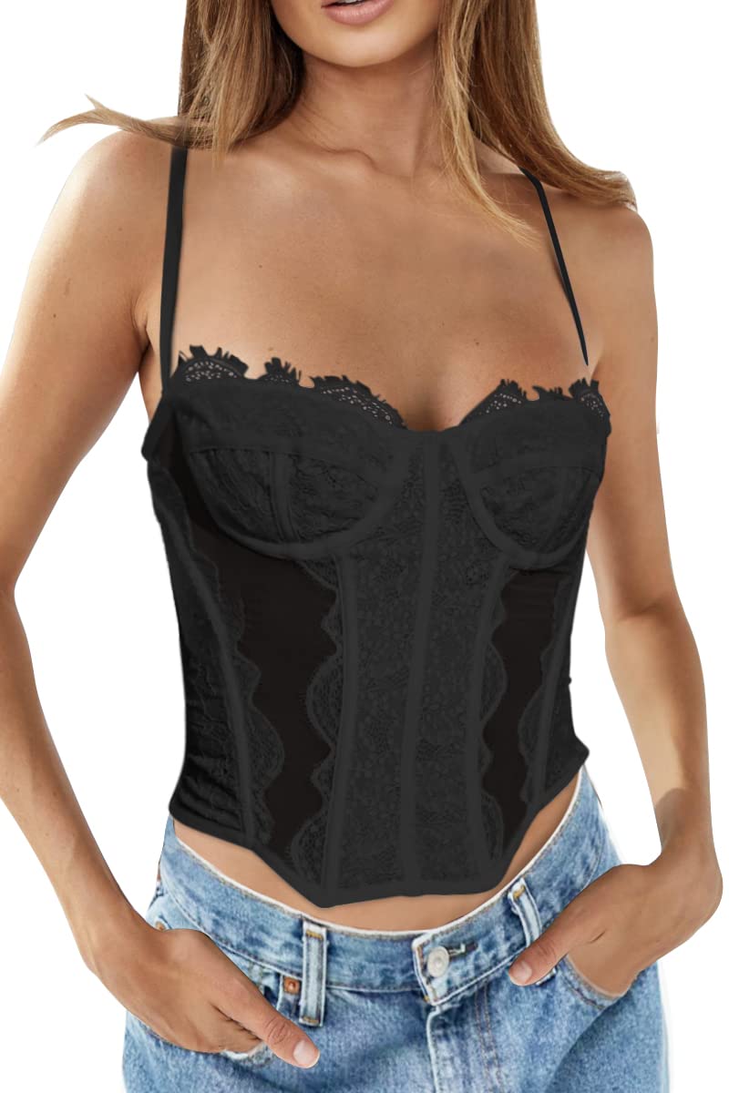DealmoreWomens Summer Lace Bustier Mesh Sexy Vintage Spaghetti Strap Open Back Boned Corset Going Out Party Crop Top