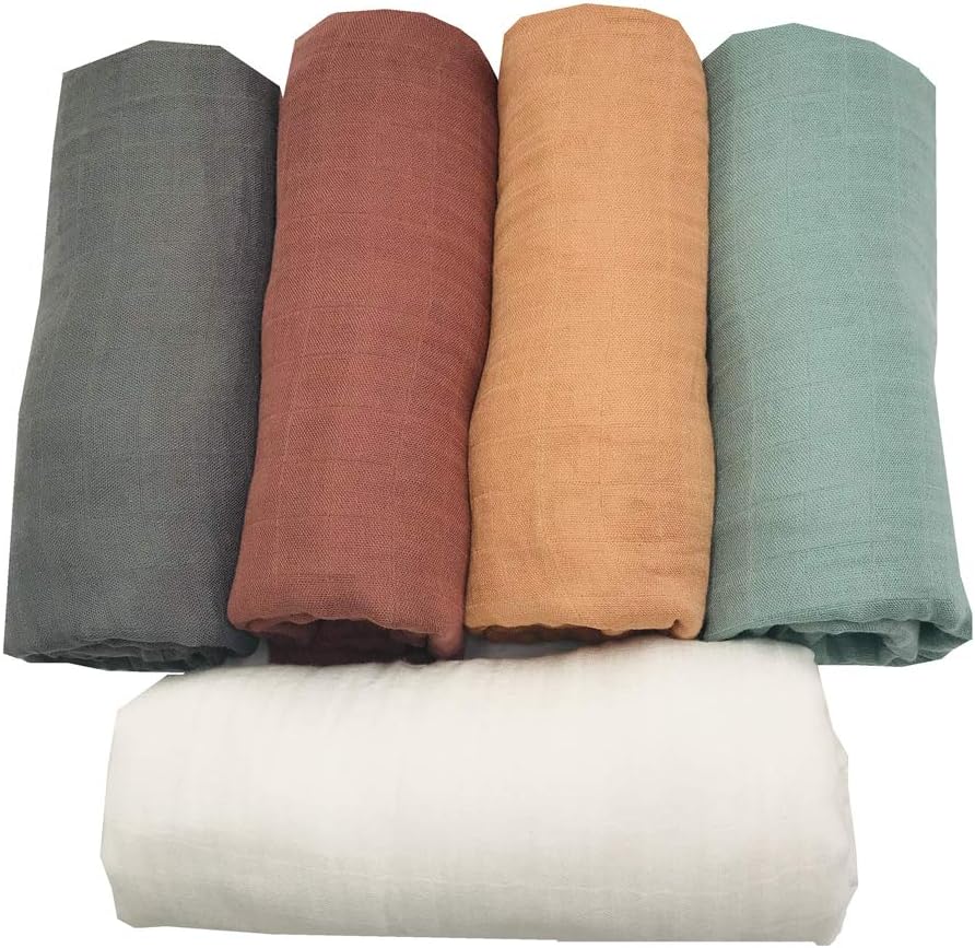 5 pcs Soft Organic Cotton Muslin Swaddle Blankets Premium Receiving Blanket for Boys & Girls 47" x 47" Solid Color (New Surprise)