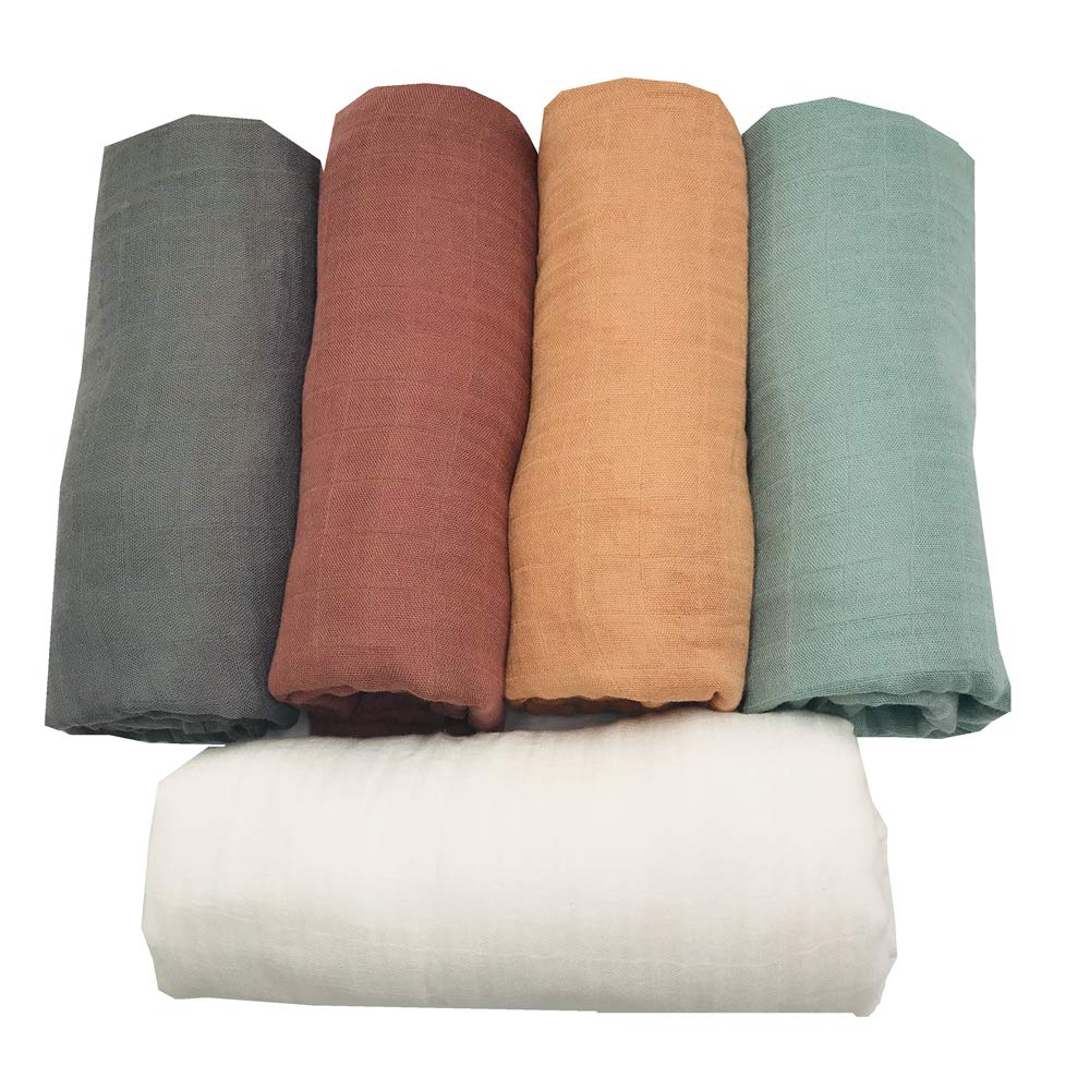 5 pcs Bamboo Soft Muslin Swaddle Blankets Premium Receiving Blanket for Boys & Girls 47" x 47" Solid Color (New Surprise)