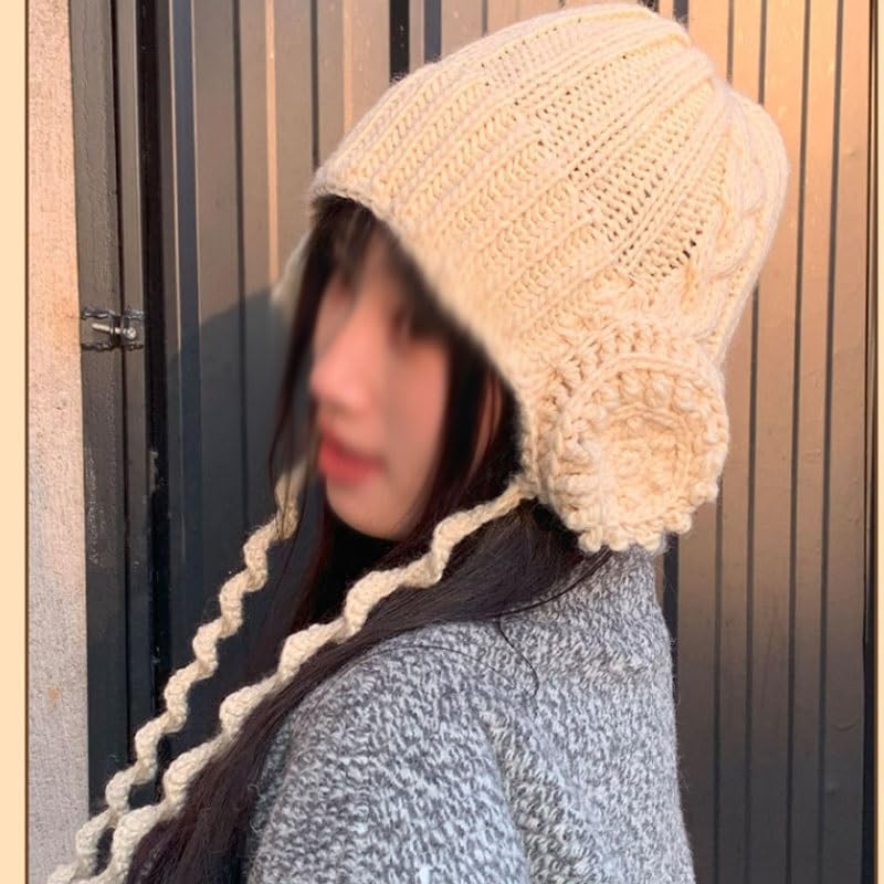 Handmade Fringed Knitted Headscarves Women's Warm Ear Protecting Woolen Hats Headphone Caps