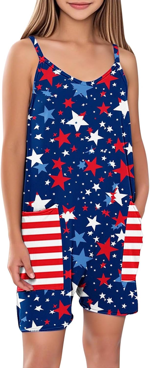 5-14T Girls Shorts Jumpsuits 4th of July Independence Day Kids Party Romper Loose Comfy Bib Overalls Playsuits