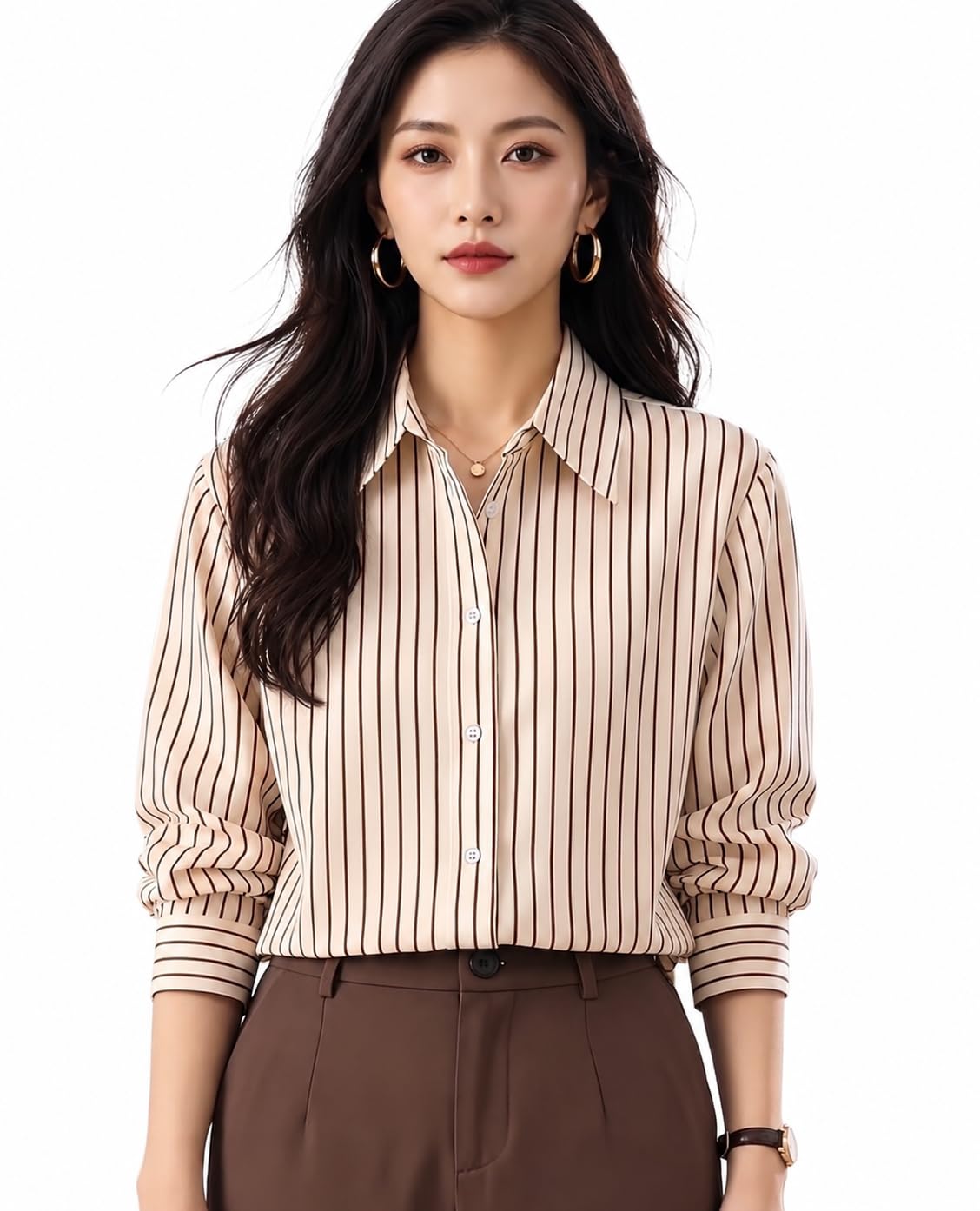 Women's Korean Style Shirt | Trendy Formal Office Wear Top | Checked Chiffon Long Blouse | Full Sleeve | Plus Over Size Western Clothing-picture-18