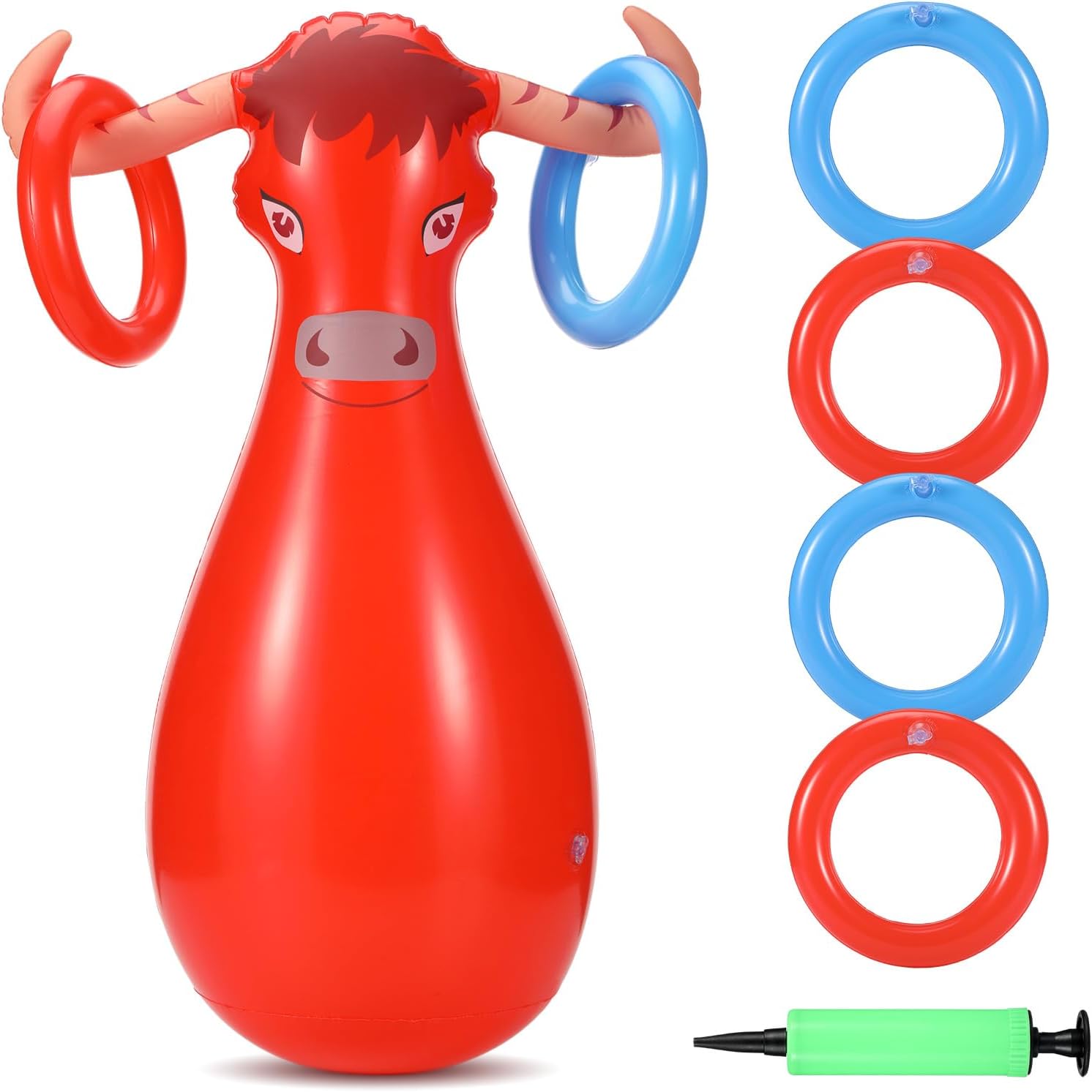 Inflatable Bull Ring Toss Set Include Inflatable Bull 6 Rings Farm Theme Party Supplies for Fiesta Rodeo Party Pool Beach Decoration