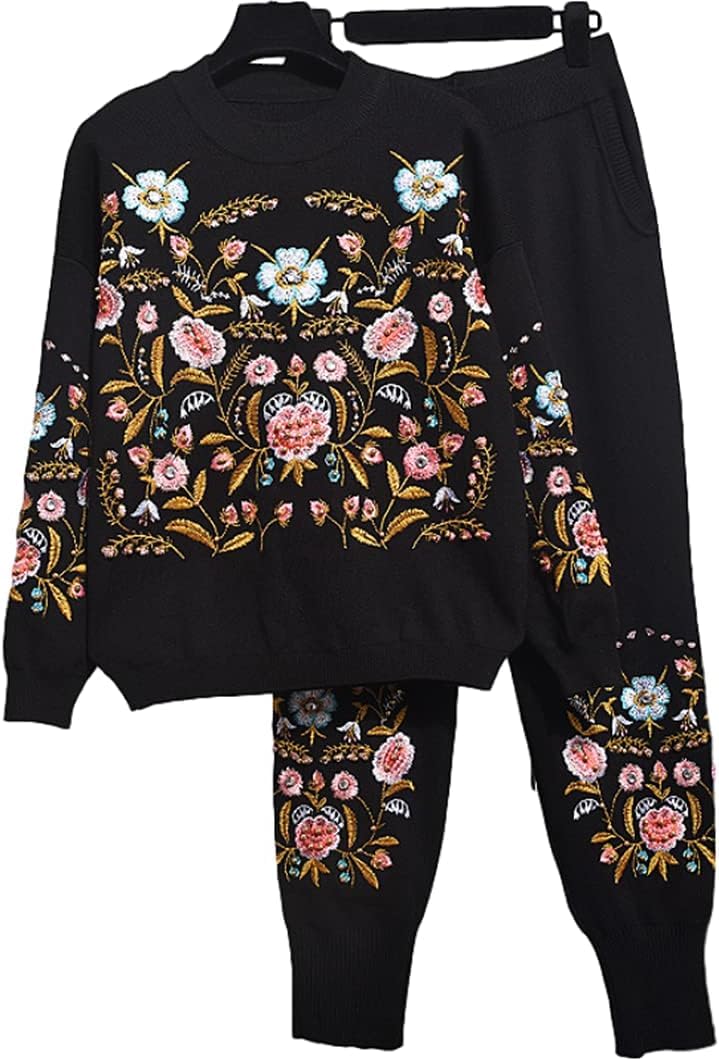 Ensemble tricoté broderie manches longues pull chaud et pantalon automne hiver noir l