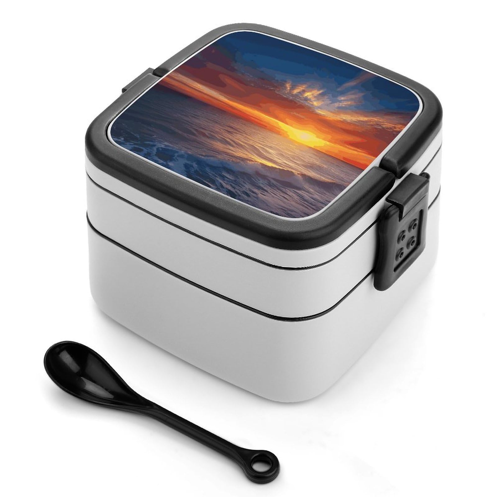 FekiLoot Sea And Sunset Bento Box Adult Lunch Box Sealed Bento Lunch Boxes with Spoon Sturdy Double Layer Bento Boxes Snap-on Design Leak Proof Lunch Containers Ideal for Work