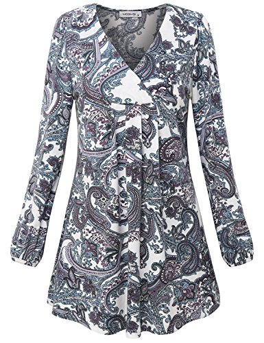 MOQIVGI Long Sleeve Tunic, Ladies V Neck Polyester Casual Comfy Tops Floral Print Flowy Blouse Shirts Autumn Clothes for Women White Medium