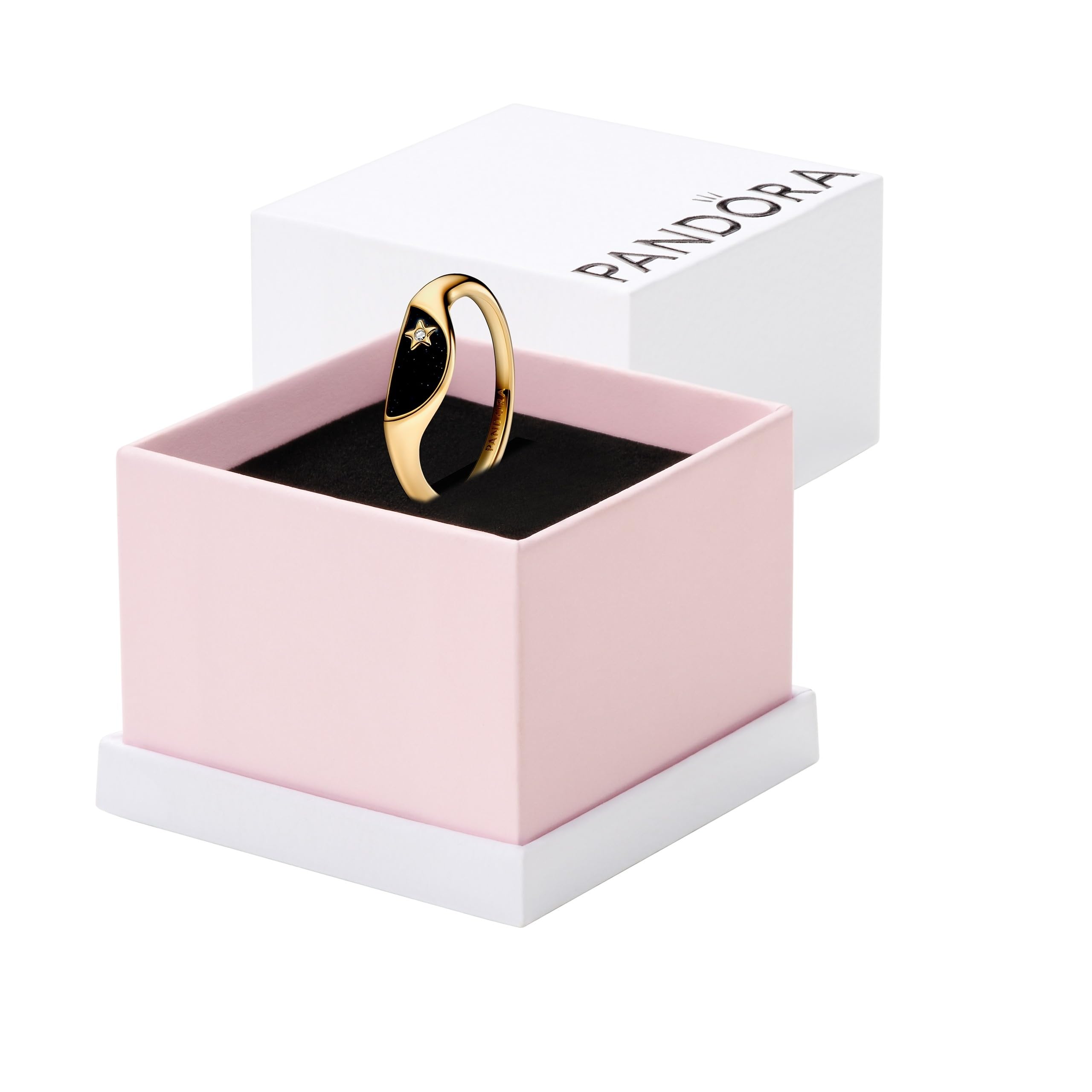 Pandora ME Bague chevalière en métal plaqué or 14 carats avec zircones cubiques transparentes et émail noir scintillant