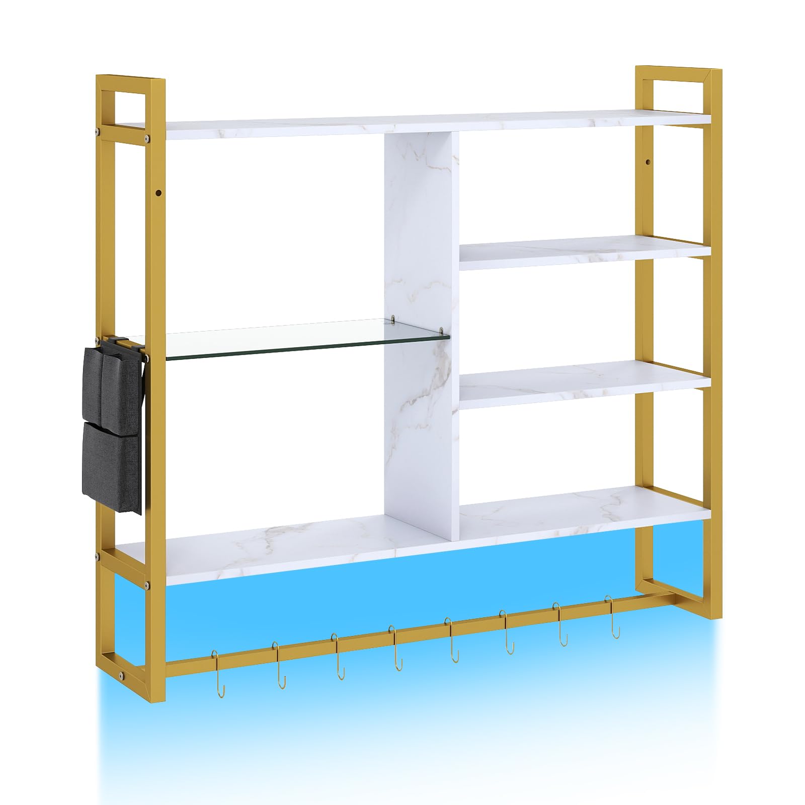 GiantexUK Floating Pipe Shelving, Wall Mounted Shelves with Side Pocket & 8 S-Hooks, Hanging Storage Display Rack for Kitchen Bar Living Gaming Room (Gold+White, Gold+white, with Led Lights)