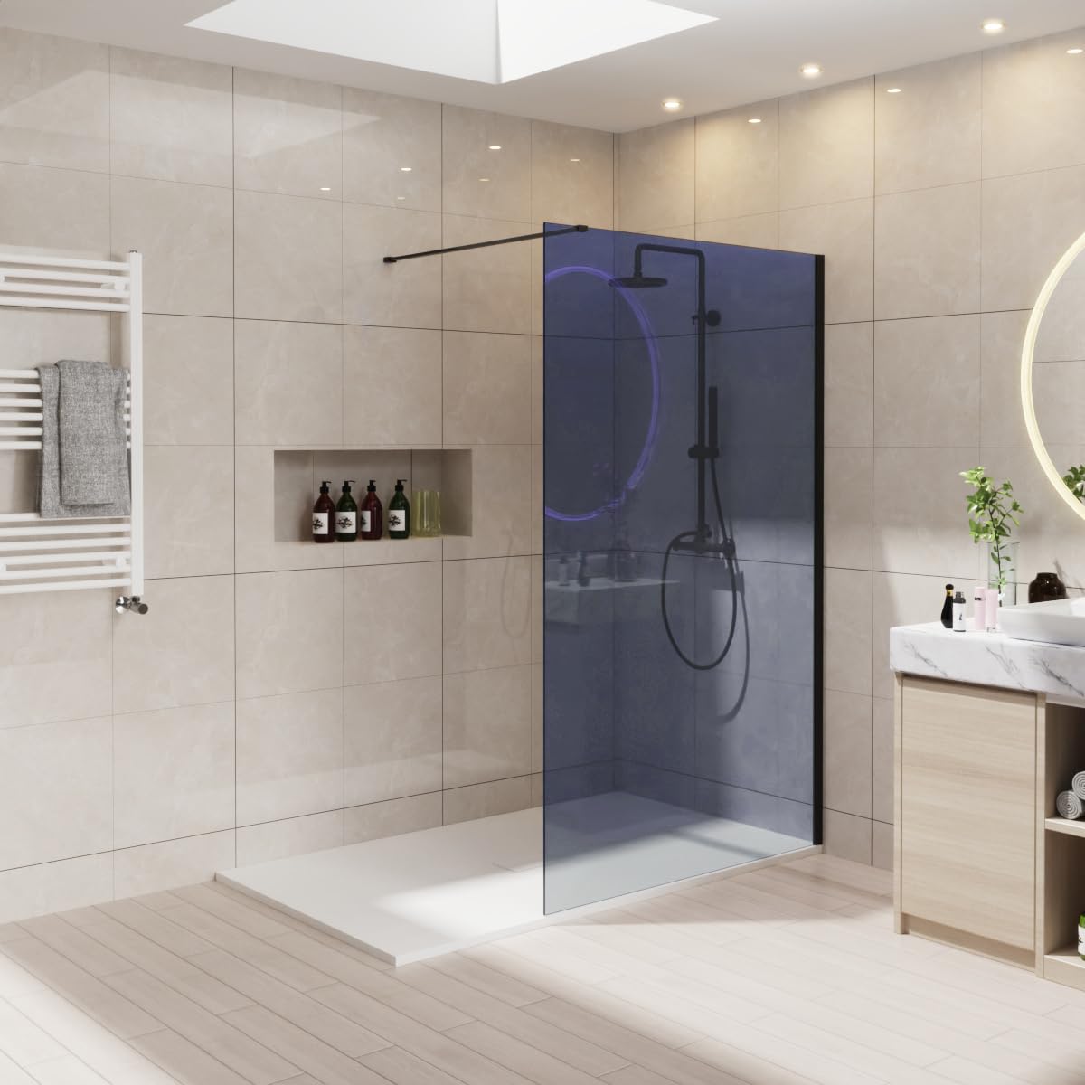 NRG 1400 x 1950mm Bathroom Wet Room Screen Panel 8mm Smoked Easy Clean Glass Black Framed Walk in Shower Enclosure