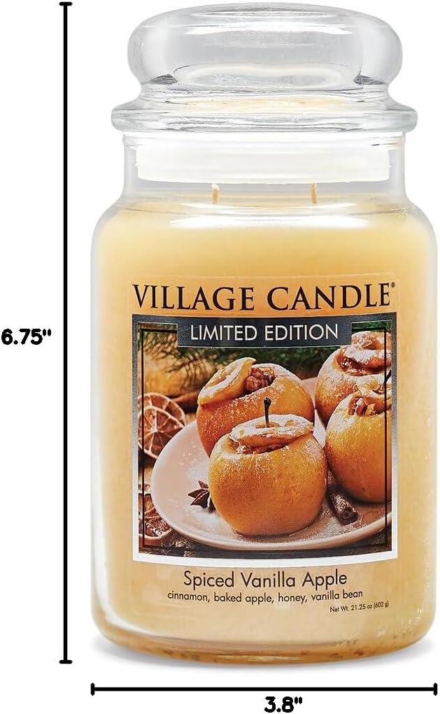 Village Candle Orange Cinnamon Large Glass Apothecary Jar Scented Candle, 21.25 oz, 21 Ounce & Spiced Vanilla Apple, Large Glass Apothecary Jar Scented Candle, 21.25 oz, Ivory