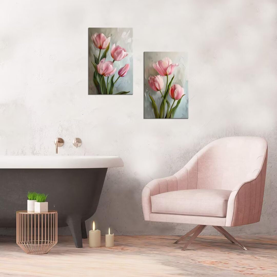 Pankila Tulip Floral Wall Art Pink Tulip Pictures Canvas Prints Abstract Tulip Flower Wall Decor for Living Room Bedroom Bathroom Office Home Decorations Framed Artwork (12''W X 16''H X 2Pcs)