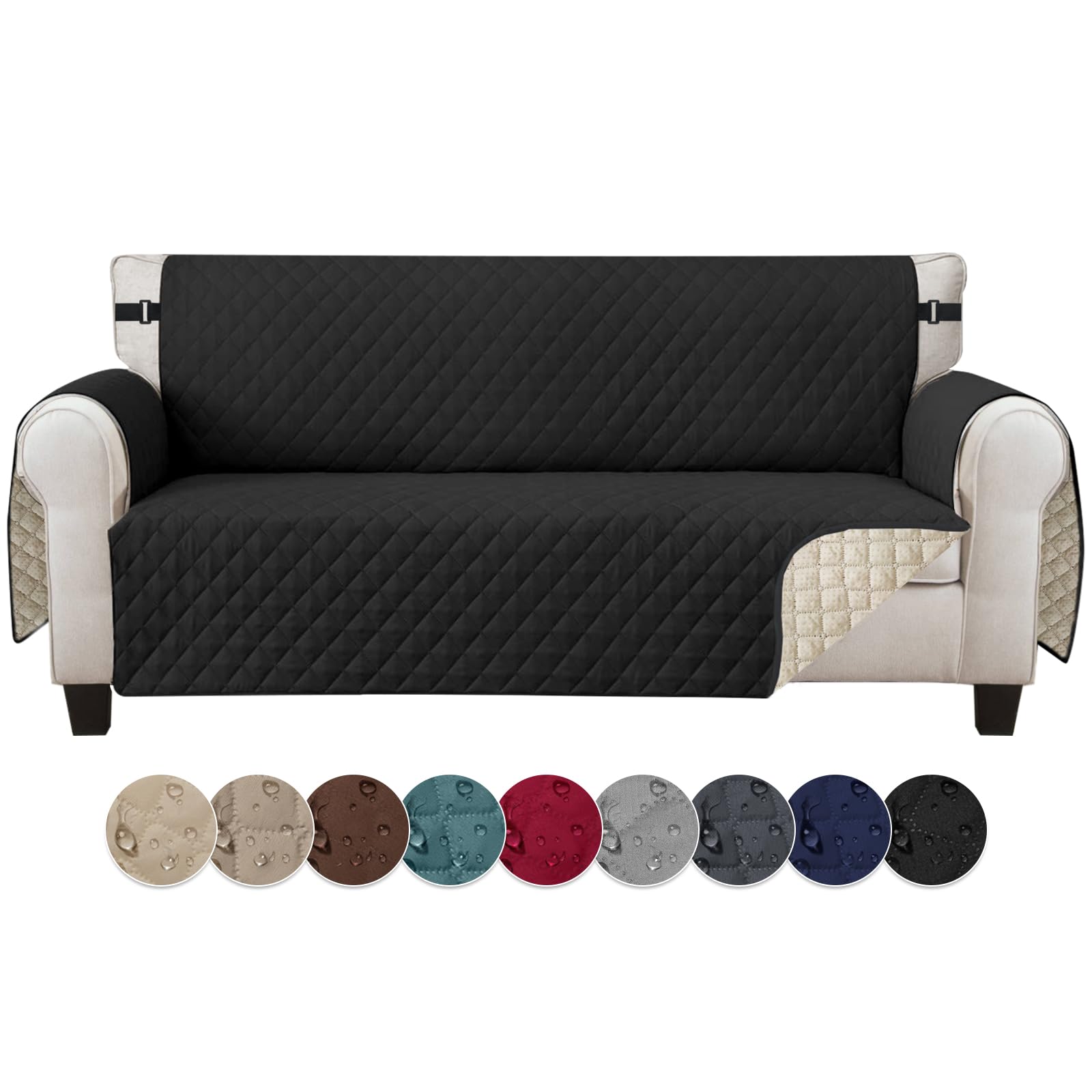 Jaotto Funda de Sofá Impermeable 4 Plazas Funda de Sofá Reversible Fundas Sofa Verano Antideslizante Protector para Sofa antigatos Arañazo Perros Mascotas,Negro