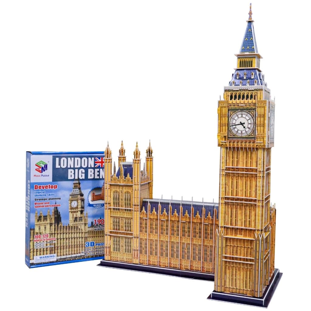 3D Puzzle Global Landmarks Big Ben Tower Mega Structure Unique & Collectible Model Assembly Building Kit for Kids & Adults 190pcs