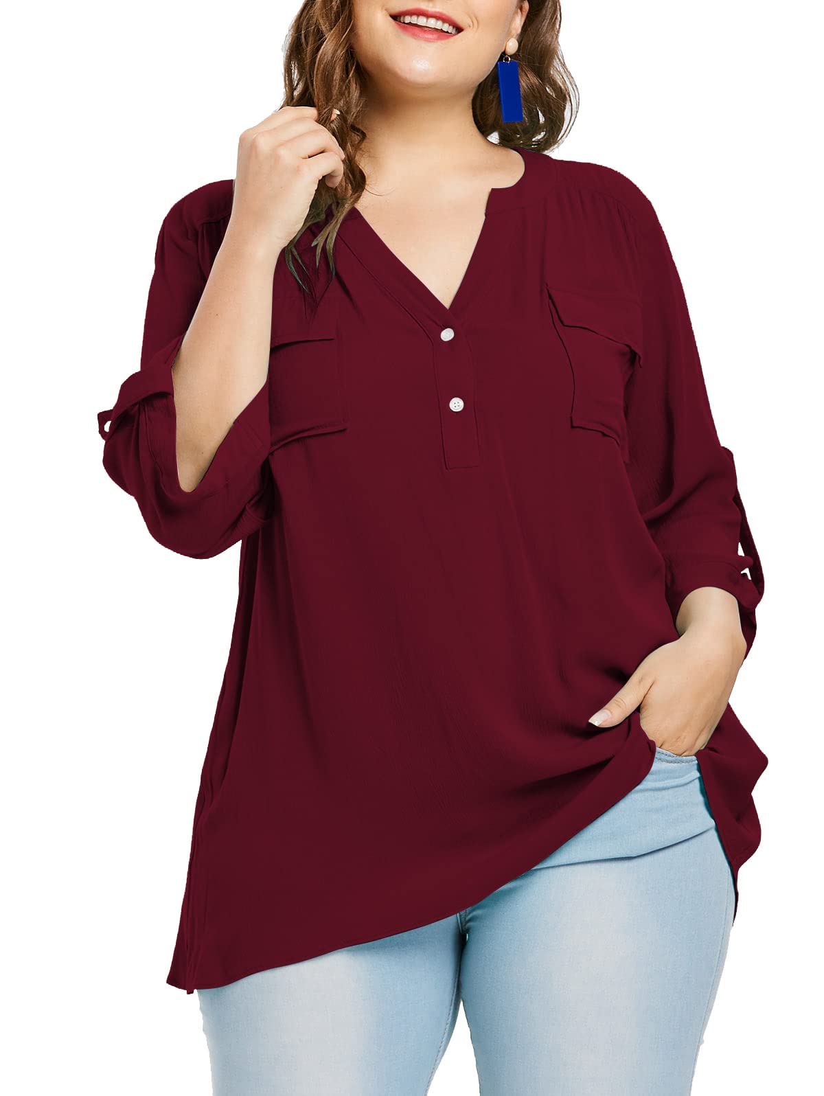 Corfrute Women Plus Size Tops V Neck Button Up Tunic Tops Casual Long Roll Tab Sleeves Blouses Shirts with Pockets