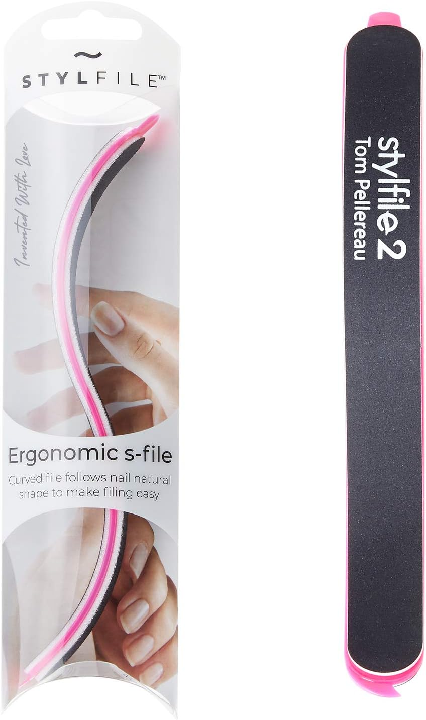 2 Curved Nail File – S-Shaped Ergonomic Nail Shaper with Cuticle Pusher & Nail Skimmer, Ambidextrous Emery Board for Natural Nail Shape, Smooth Filing, at-Home Manicure Tool