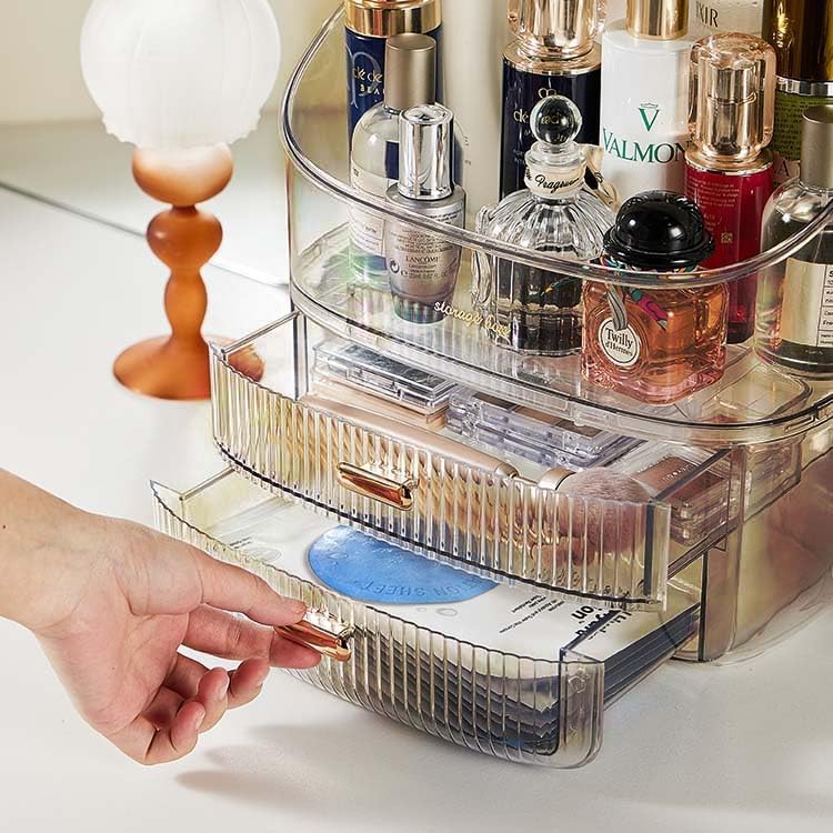Image of JIALTO Makeup Organizer with Drawer Storage, Transparent Cosmetic Organizer Box with Dustproof Cover, Skincare & Perfume Storage Case for Dressing Table, Bathroom Vanity Organiser for Women (Brown)