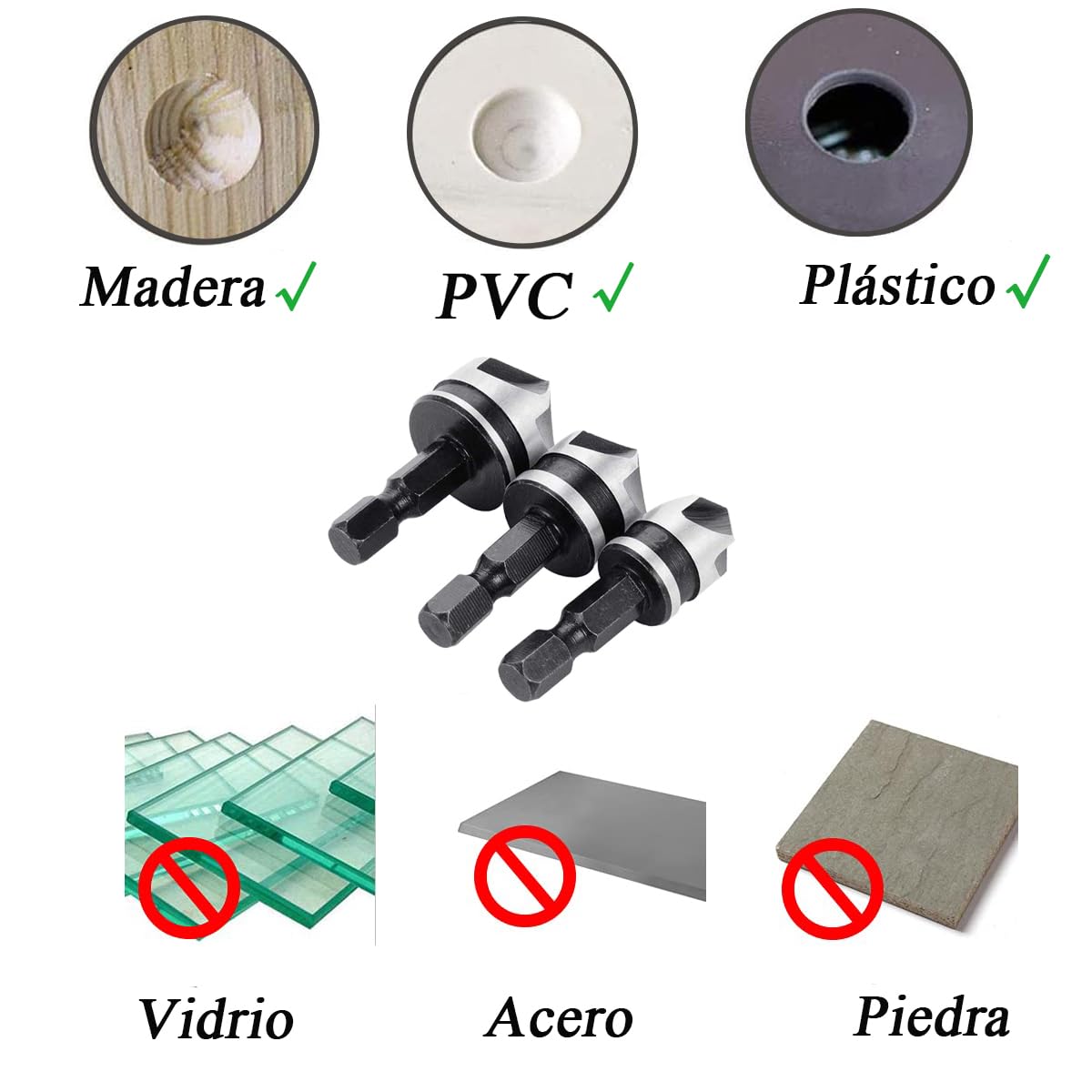 Treki 3PCS Broca Avellanadora Fresa de Biselado de 90 grados Broca Avellanada con 1/4" Hexagonal 12mm 16mm 19mm Taladros de Avellanado para Herramientas de Chaflán Madera Plástico Metal Blando