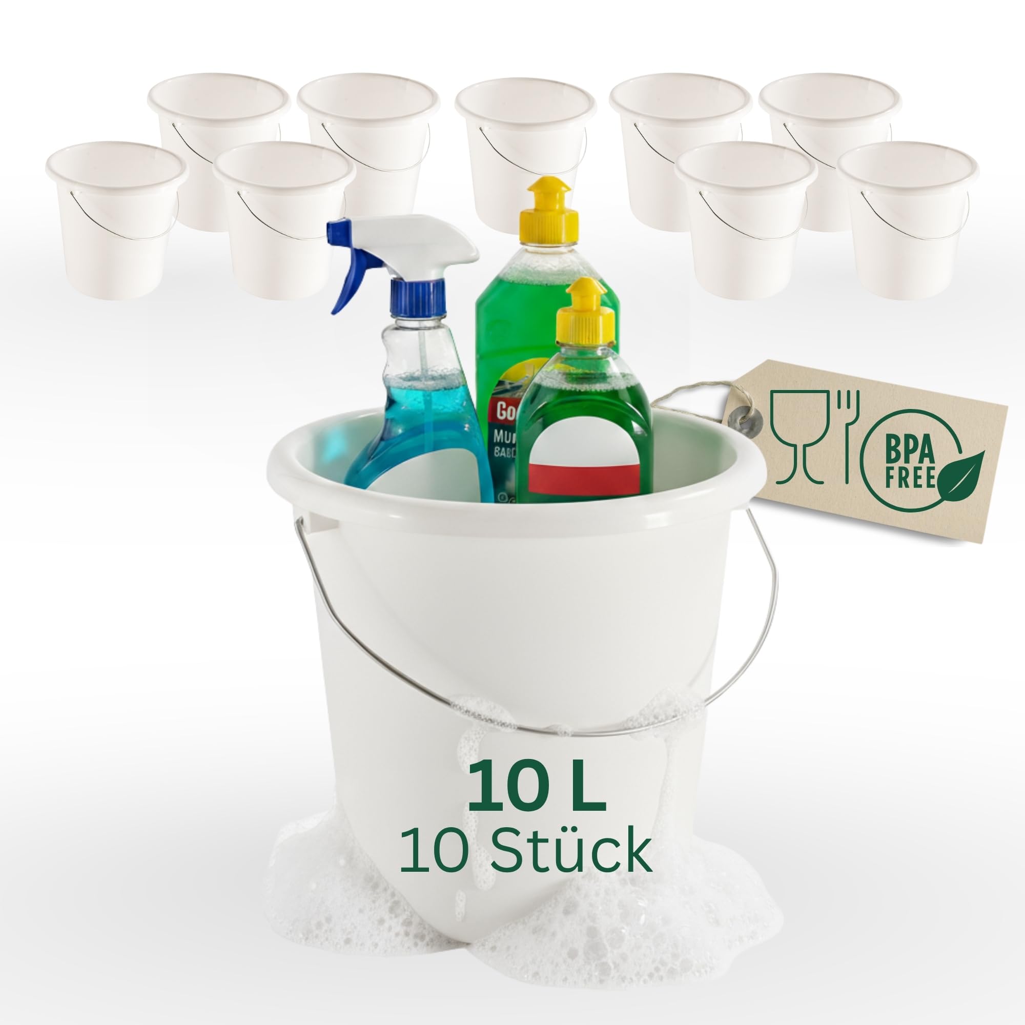 Novaliv 10 secchi da 10 l, colore bianco, con suddivisione in misura, 10 litri, 28,5 cm, pratico tuttofare con scala per la casa e il giardino, ideale come secchio per l'acqua, secchio per la