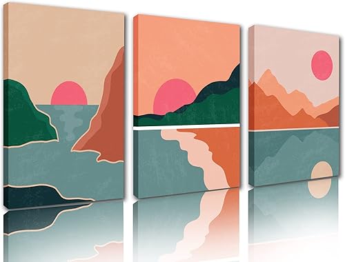 Tucocoo Obra de arte para paredes del hogar, imágenes abstractas de paisaje, puesta de sol, montañas, pinturas de 3 paneles, lienzo minimalista,