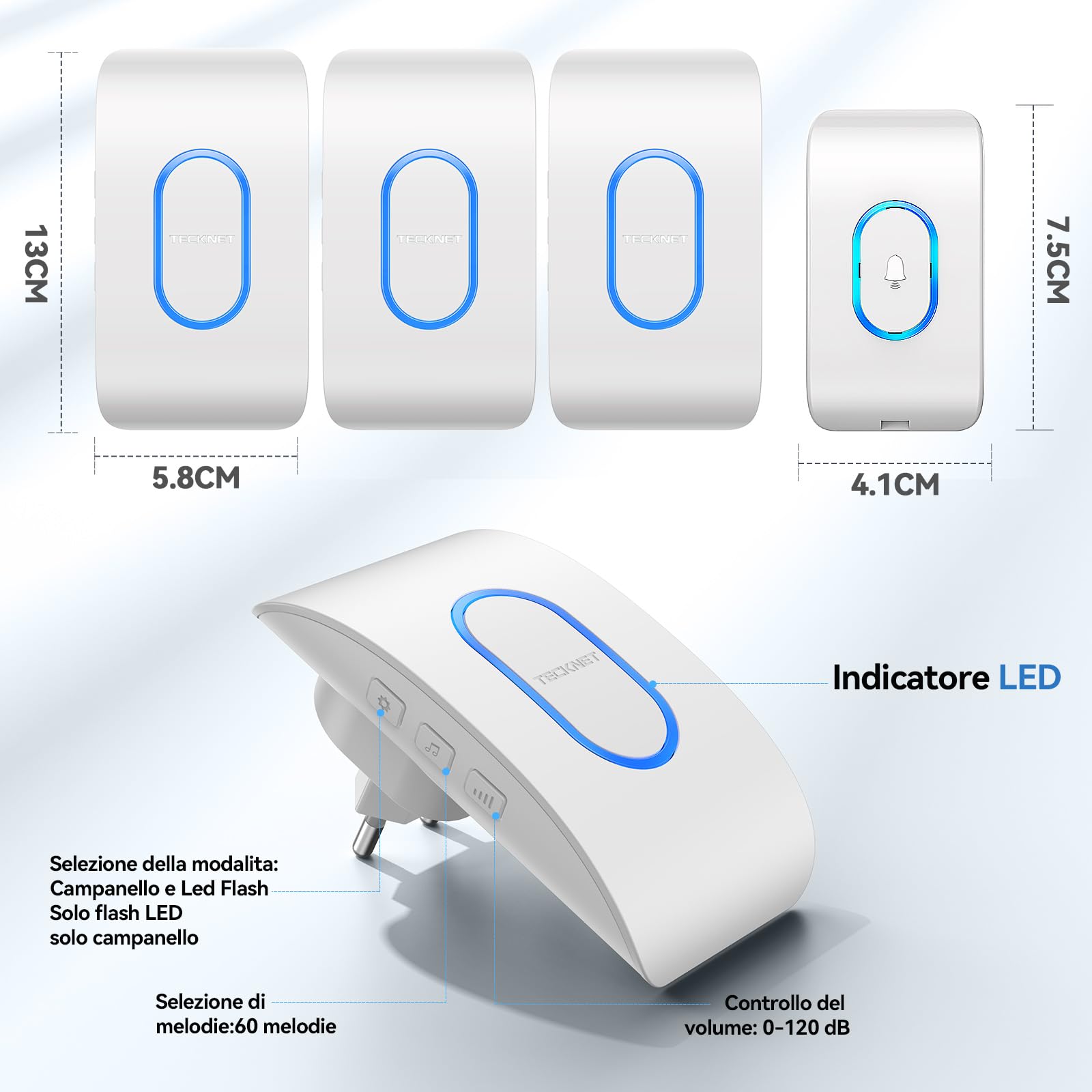 TECKNET Campanello Senza Fili, Portata 400m 60 Melodie e 5 Livelli di Volume Indicatori LED de Esterno IP65 Impermeabile Campanelli Wireless, Bianco, 1 Trasmettitore + 3 Ricevitori