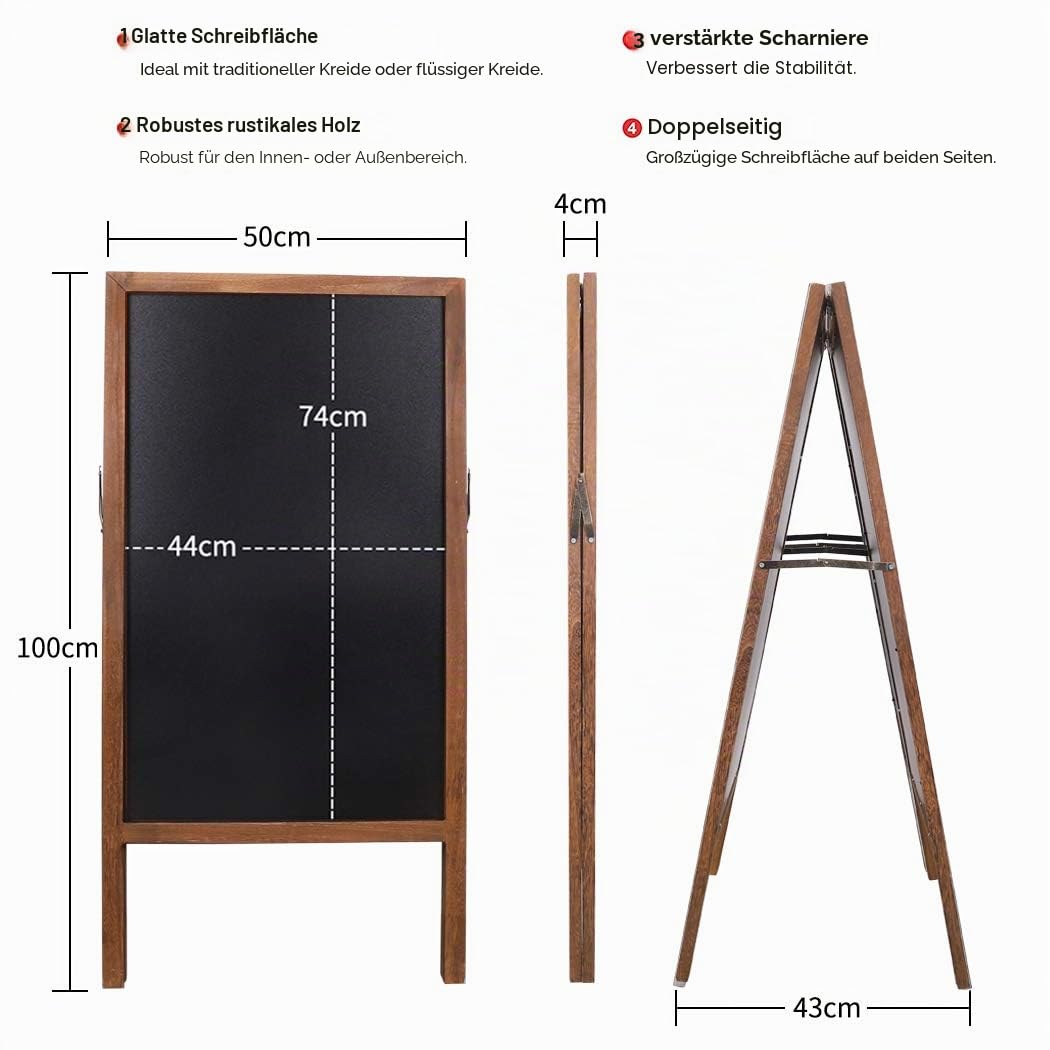 UNHO Aufsteller Kreidetafel Kundenstopper beidseitig aus Holz Magnetische Holztafel Werbetafel Schreibtafel klappbar 100×50cm - Braun