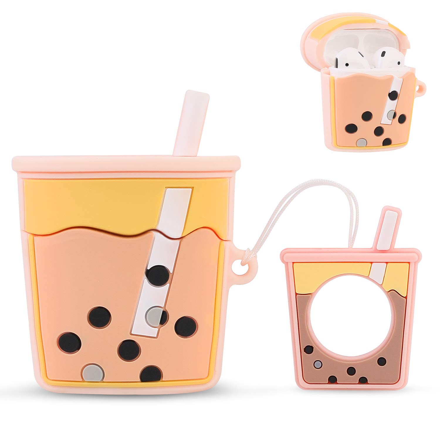 Bqmte Milk Tea Silicone Case Compatible for Airpods 1&2, Cute 3D Funny Character Soft Kawaii Fun Cool Keychain Cover Skin for AirPods Wireless Charging (Pink Milk Tea)