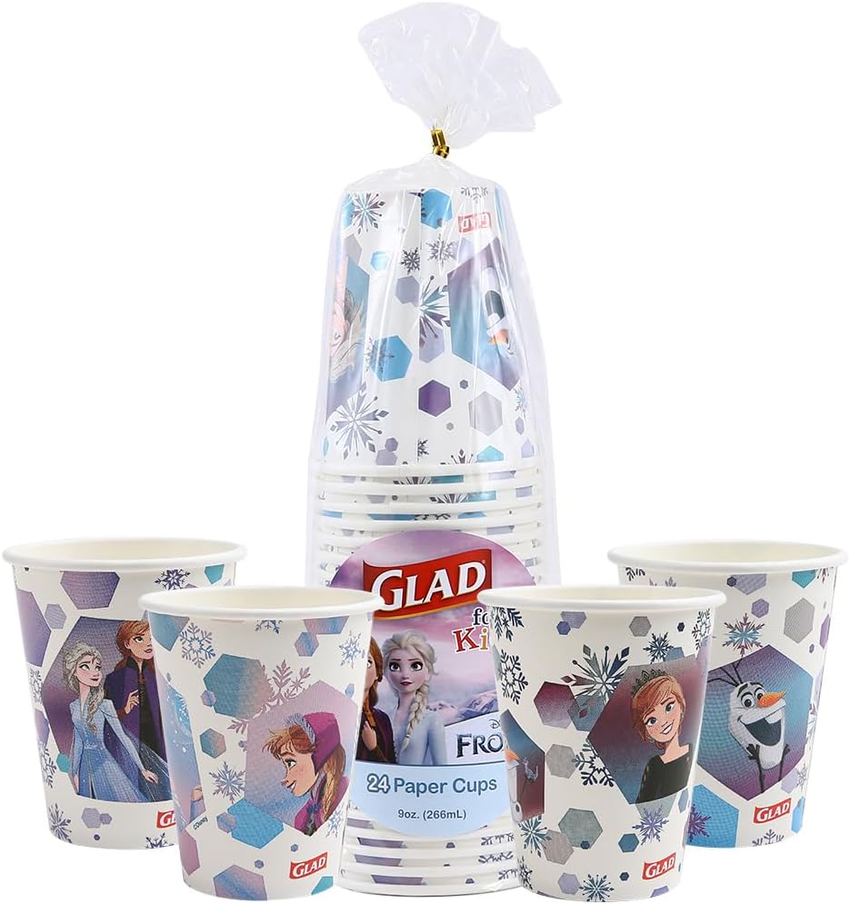 Glad for Kids Disney Frozen 9oz Paper Cups | Anna and Elsa Paper Cups, Kids Snack Cups | Kid-Friendly Paper Cups for Everyday Use, 9oz Paper Cups 24 Ct
