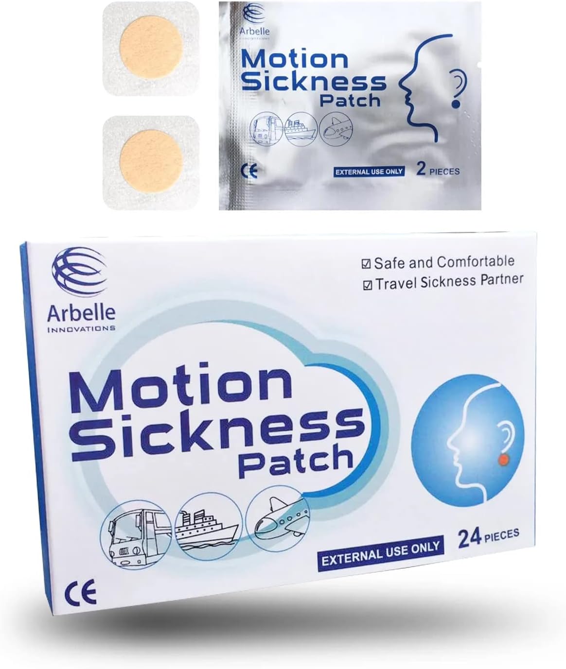 Motion Sickness Patches - 24 Pack - Travel Friendly Packets - Cars Airplanes Cruise Trains & Other Movement.