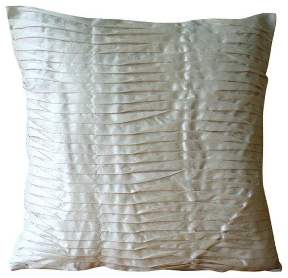 The HomeCentric Pack of 2, 55x55 cm (22"x22") Throw Cushions Cover Ivory Textured Pintucks Cushion Cover, Art Silk Square Decorative Cushions Cover Modern Cushion Cases, Striped Throw - Ivory Beauty
