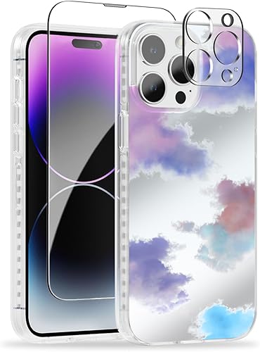 SCORPIFY Funda para iPhone 14 Pro Max con diseño colorido de espejo de nubes azules, bonita cubierta de teléfono para mujeres y niñas, con pantalla