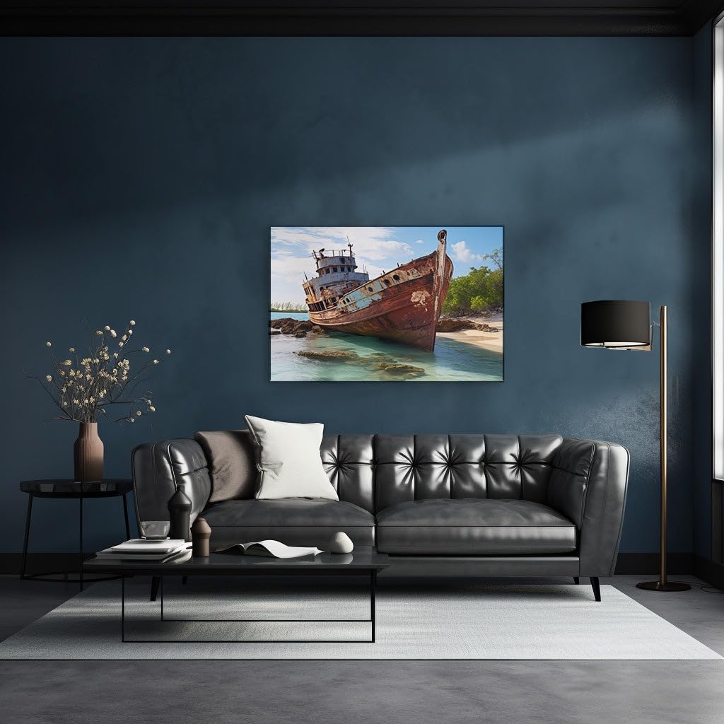 Canvas for Living room. Stranded Beauty: A Rustic Ship's Repose on Serene Shores, 27 x 18 inch Canvas Wall Art - Ready to Hang