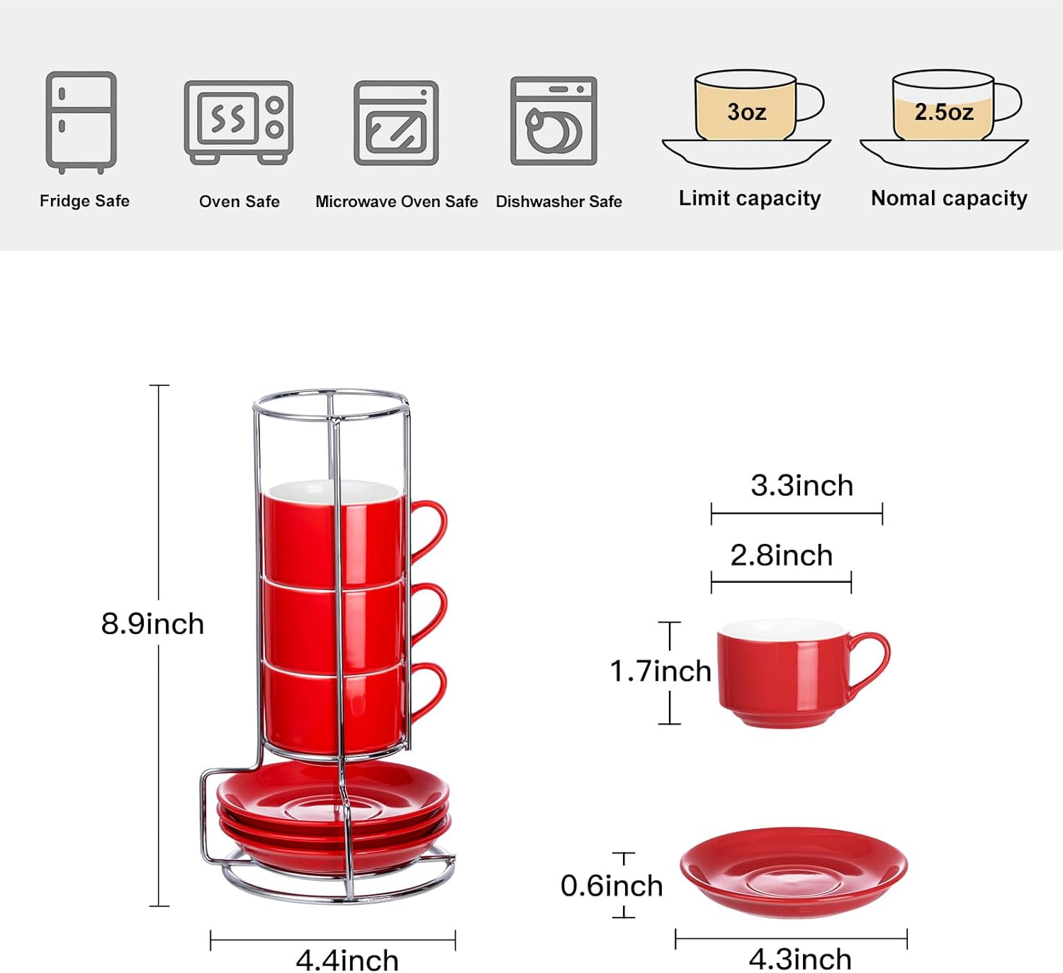 2.5oz Espresso Cups Set of 4, Small Stackable Coffee Cups with Saucers and Metal Stand, Ceramic Demitasse Cups, Cappuccino Cups for Coffee Drinks, Latte, Red