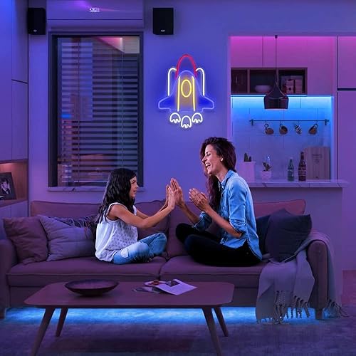 Miniatura 6 de Letreros de neón cohete, (16 x 12 pulgadas), luz LED de gran nave espacial, decoración de habitación, lámpara con forma de avión, decoración