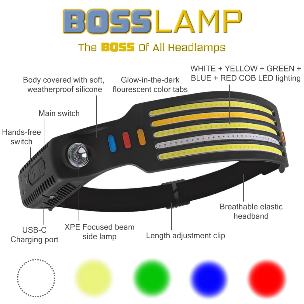 Generic BossLamp The Original Five Color LED Headlamp Rechargeable Flashlight for Camping Caving Car Repair Brighter COB Lights 14 Light Modes Outdoor Gear Must Haves, Small, Undefined
