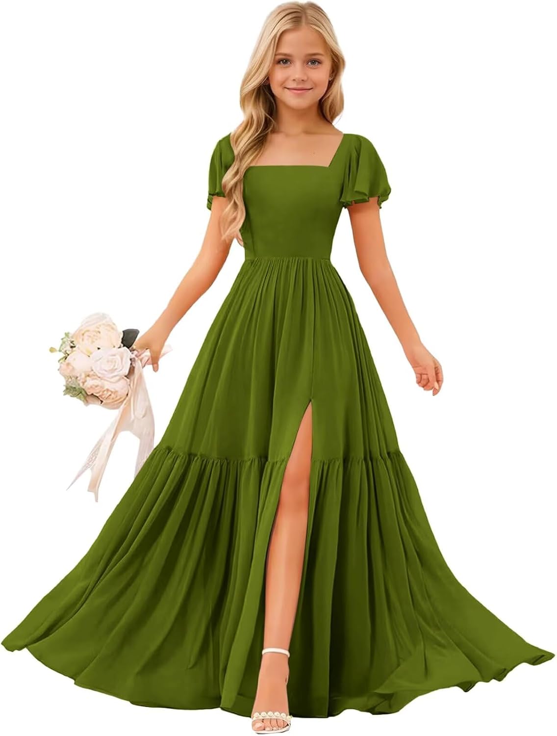 Short Sleeve Junior Bridesmaid Dresses with Slit Chiffon Flower Girl Dress Pageant Party Gowns