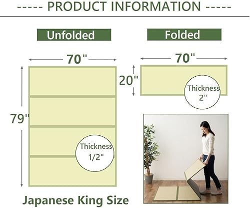 Miniatura 2 de EMOOR Tapete de tatami japonés King Natural Rush Grass (sin teñir), colchón plegable Igusa para el suelo para dormir, colchón de futón japonés para