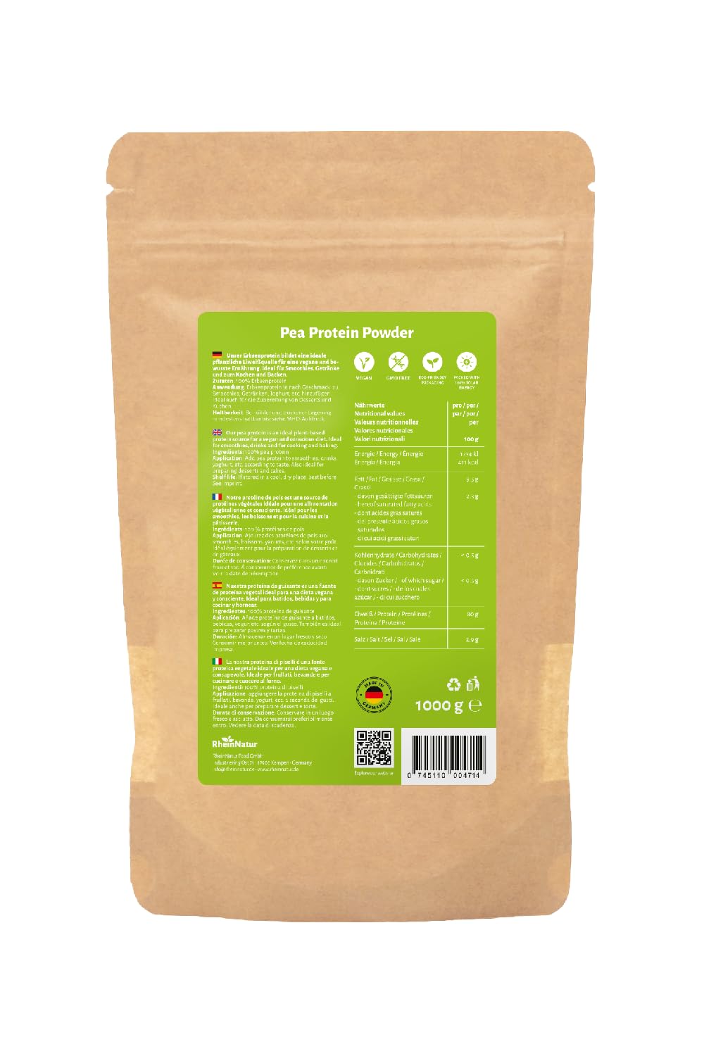 RheinNatur Erbsenprotein Pulver 1 kg - Veganes Proteinpulver - Eiweißpulver für Proteinshakes, Smoothies & mehr - Pflanzliches Protein - 1000 g Beutel