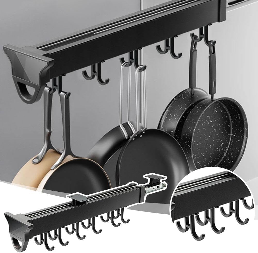Adjustable Pot Racks, Pull Out Pot and Pan Organizer with Hooks,Multifunctional Sliding Under Cabinet Organization,Hanging Expandable Utility Kitchen Cabinet