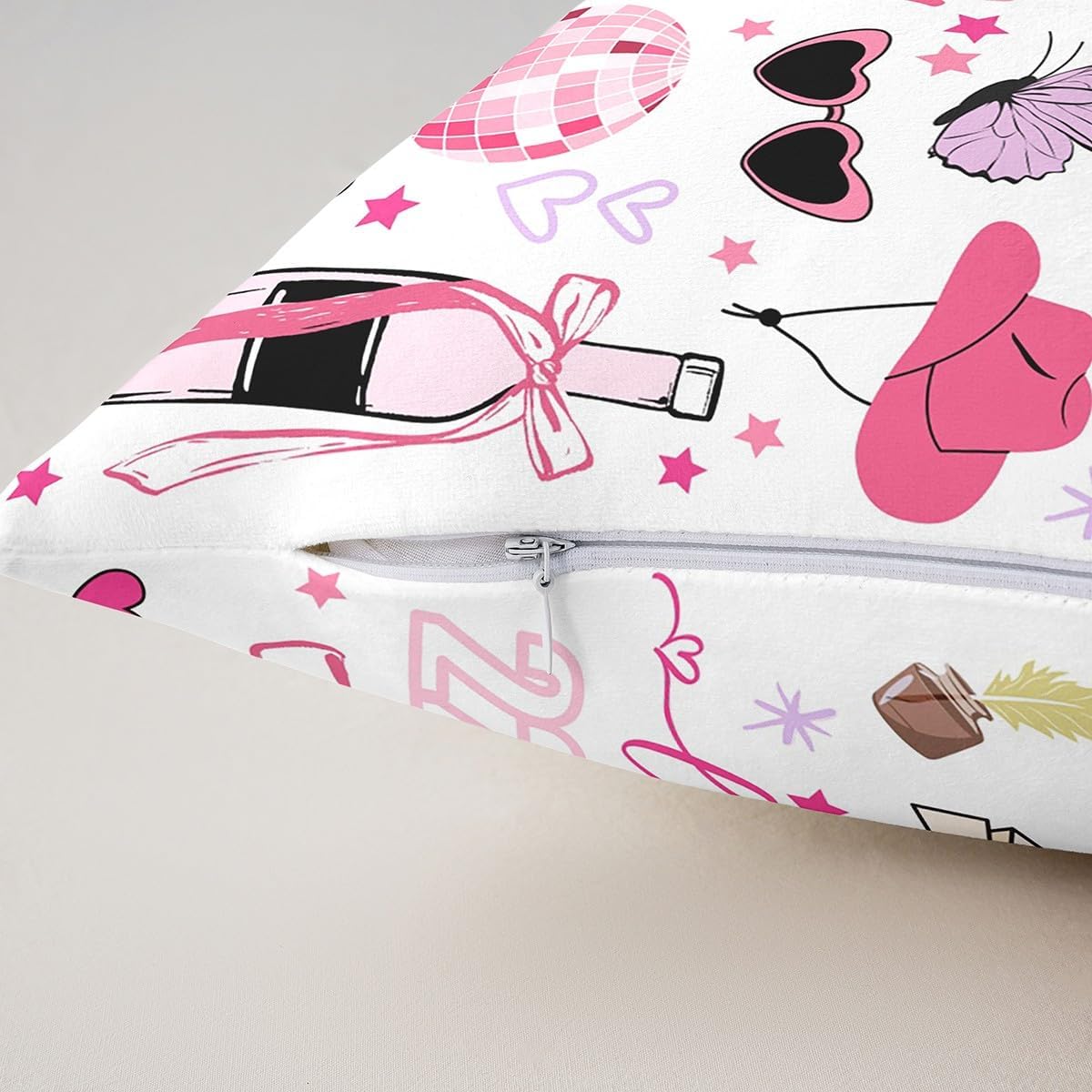 American Style Pillow Cover 22x22 Inch Cartoon Guitar Microphone Musical Theme Pillow Case for Kids Girls Teens Pink Cherry Butterfly Bowknot Heart Girly Cushion Cover for Couch image 5