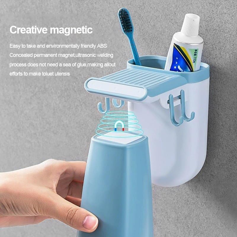 Abhaymart Toothbrush Toothpaste Holder Magnetic Cup Bathroom Storage Rack Wall Mount Tools Home Cleaner Accessories Hole Free Suction Couple Mouthwash (Pack of 1, Multi-Color) 1